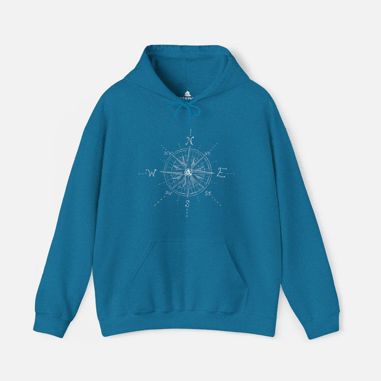 Blue hoodie featuring a compass rose illustration, perfect for outdoor adventures and travel enthusiasts.