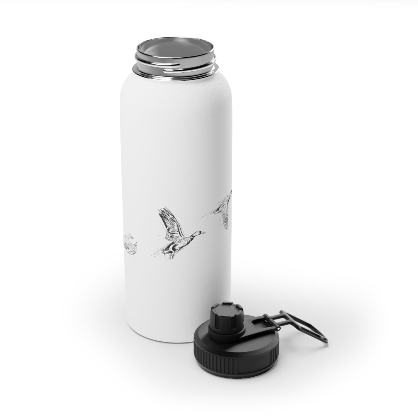 Three Flying Ducks Graphic - Stainless Steel Water Bottle, Sports Lid