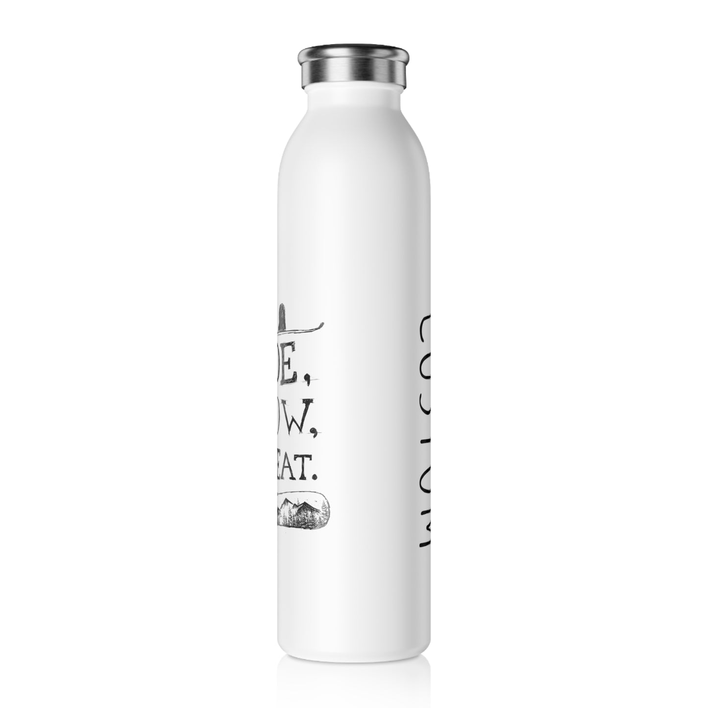 Slim Water Bottle, Ride Snow Repeat Snowboarding Drawing, Custom Text, Personalized Insulated Flask, Sports Water Container, Travel Tumbler