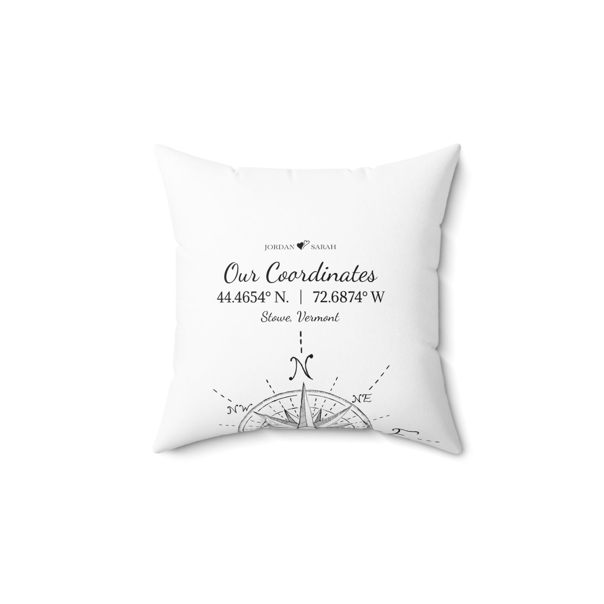 14X14 personalized coordinates pillow on white background with custom GPS location, perfect for outdoor enthusiasts, home decor, or as a thoughtful Valentine’s Day or anniversary gift.