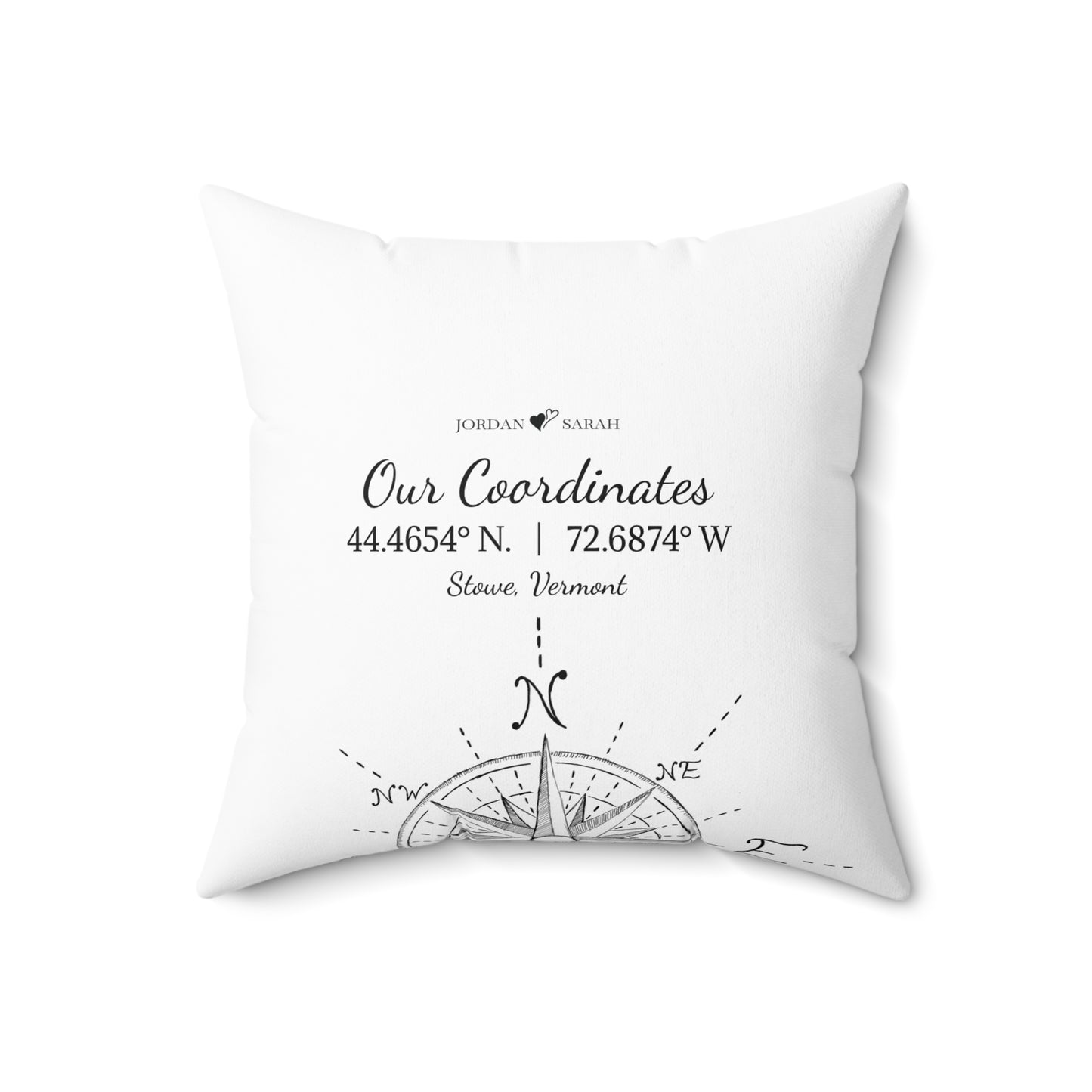 18X18 personalized coordinates pillow on white background with custom GPS location, perfect for outdoor enthusiasts, home decor, or as a thoughtful Valentine’s Day or anniversary gift.