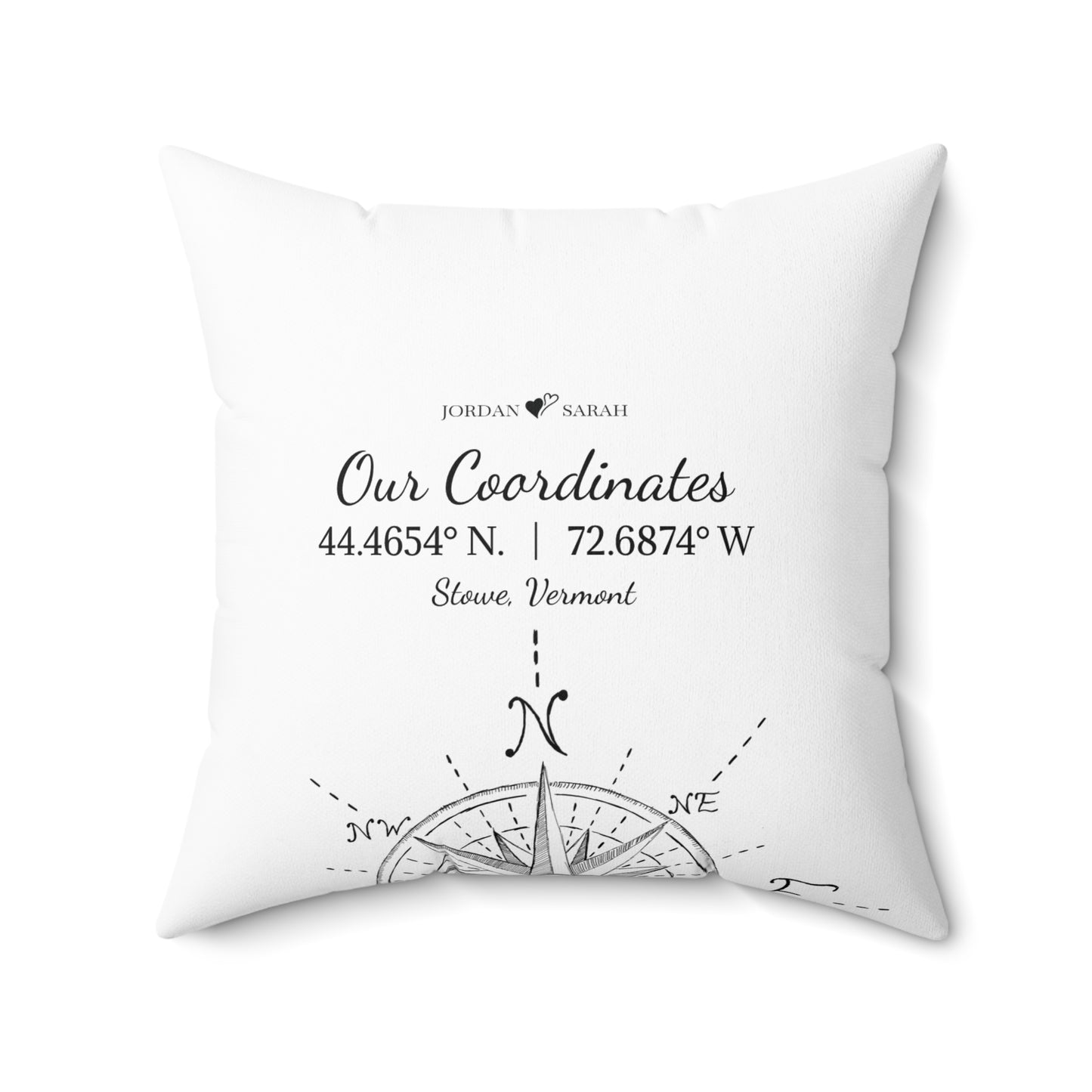 20X20 personalized coordinates pillow on white background with custom GPS location, perfect for outdoor enthusiasts, home decor, or as a thoughtful Valentine’s Day or anniversary gift.