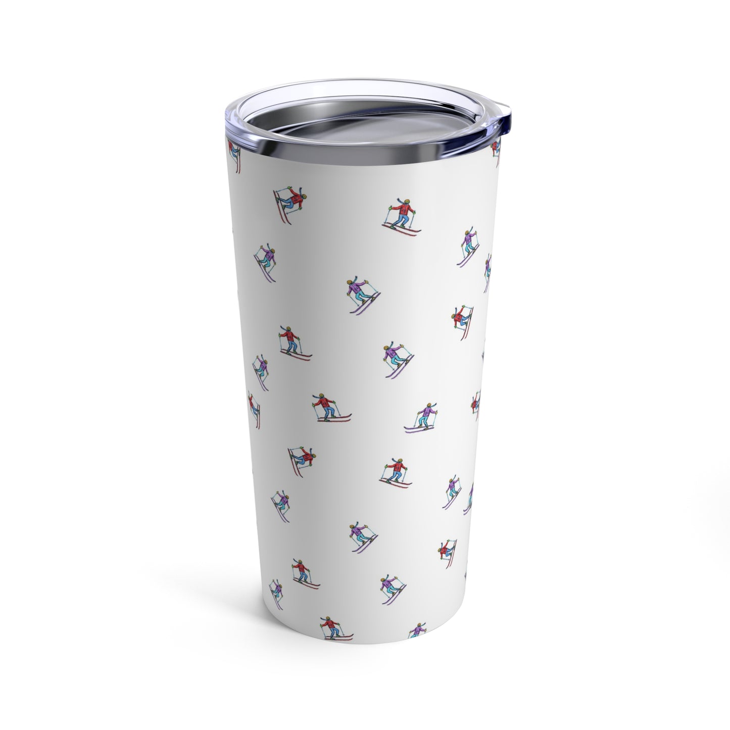 20oz tumbler featuring an illustrated skier pattern, titled 'Carving the Slopes,' displayed on a white background, perfect for winter sports enthusiasts.