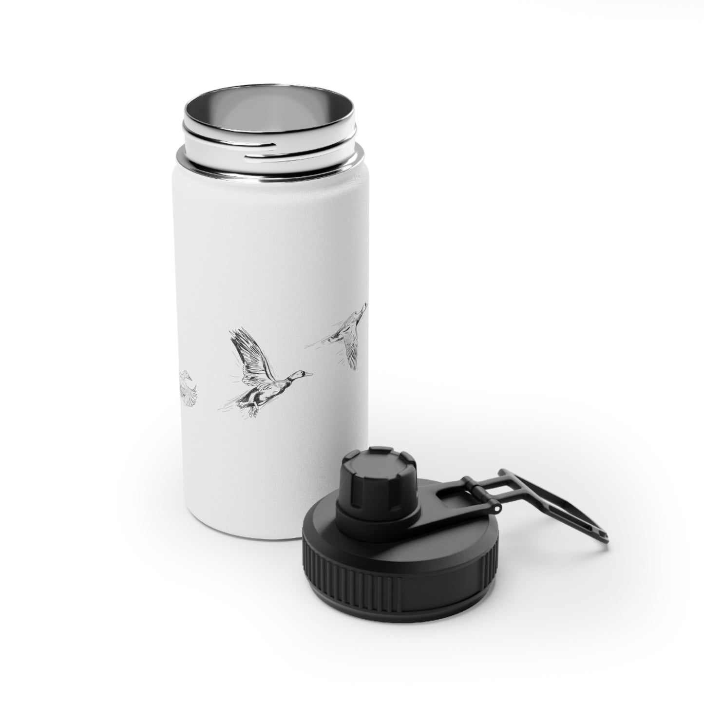 Three Flying Ducks Graphic - Stainless Steel Water Bottle, Sports Lid