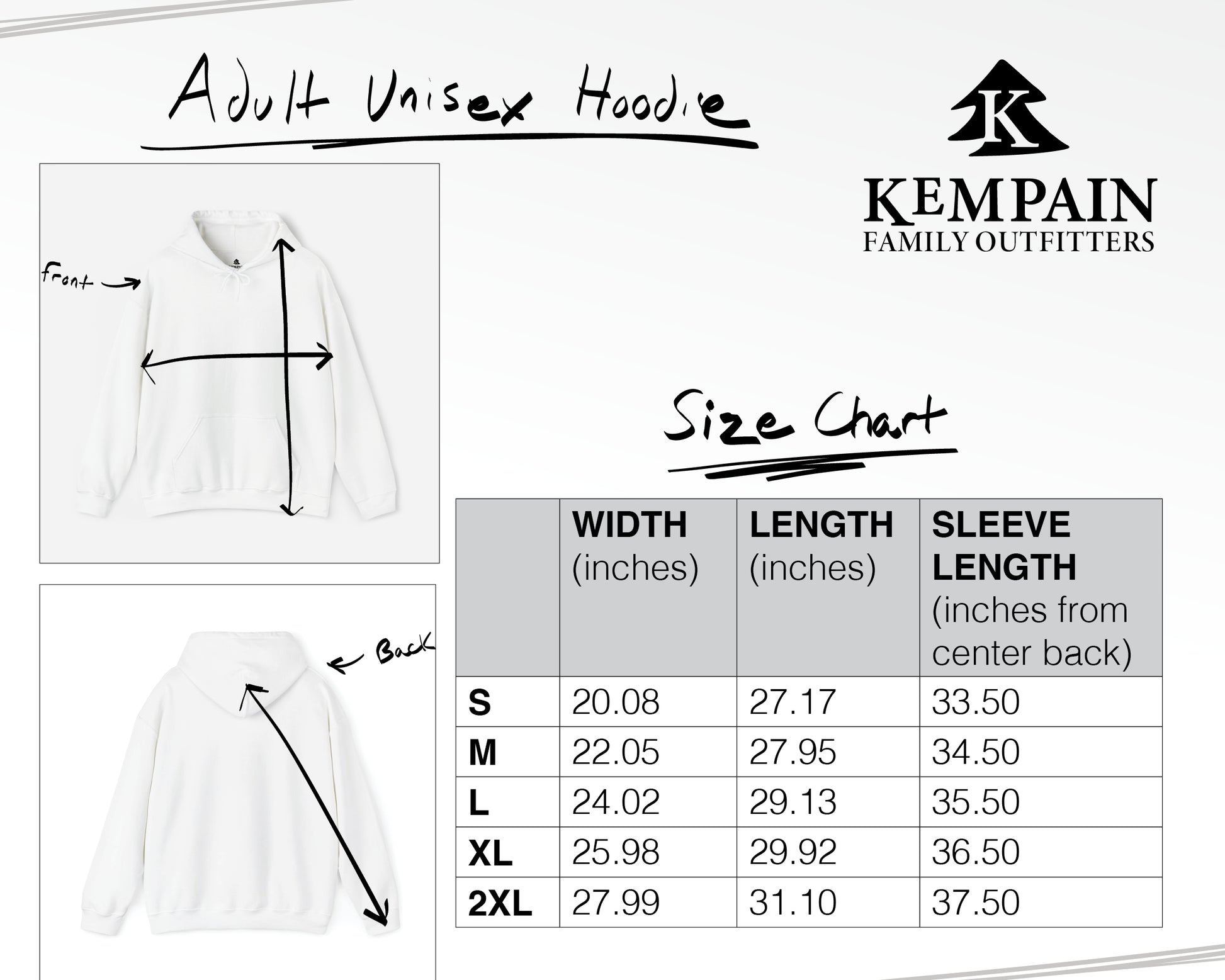 Hoodie size chart for Kempain Family Outfitters