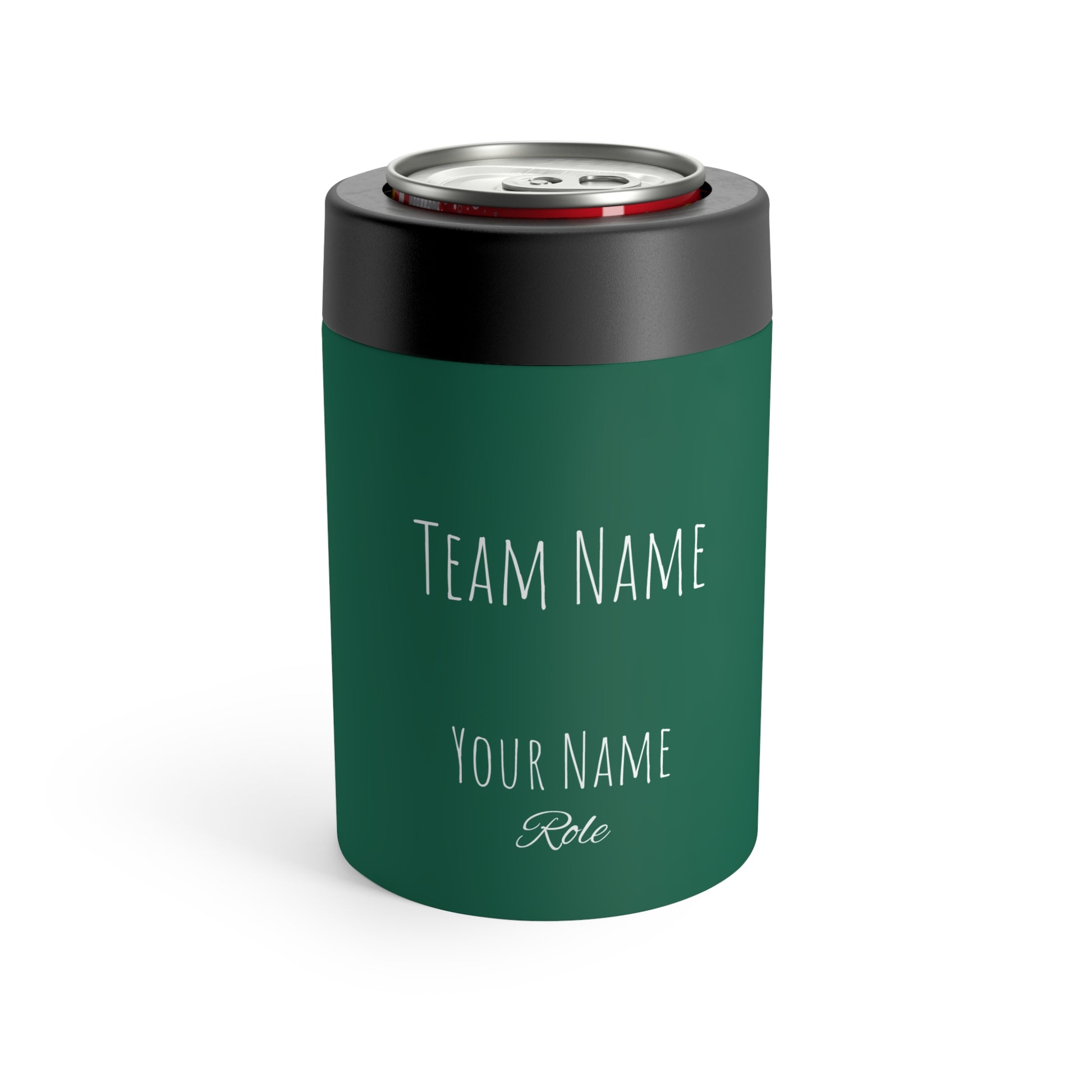 Green metal can holder featuring custom golf team names and funny player roles, perfect for golf enthusiasts and 4-some gifts. Ideal for tournaments, Father’s Day, and birthdays.