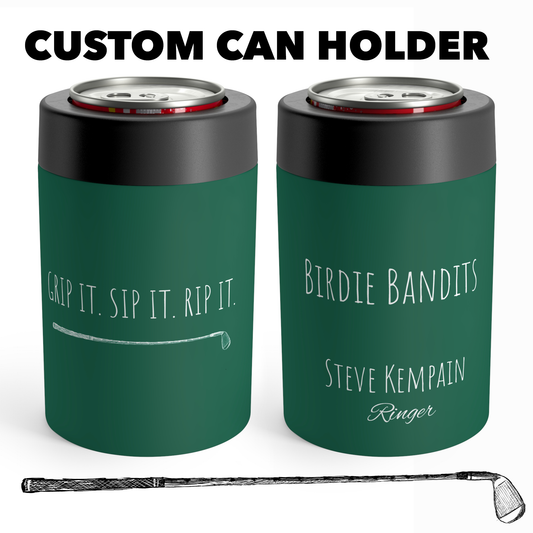 Metal can holder featuring custom golf team names and funny player roles, perfect for golf enthusiasts and 4-some gifts. Ideal for tournaments, Father’s Day, and birthdays.