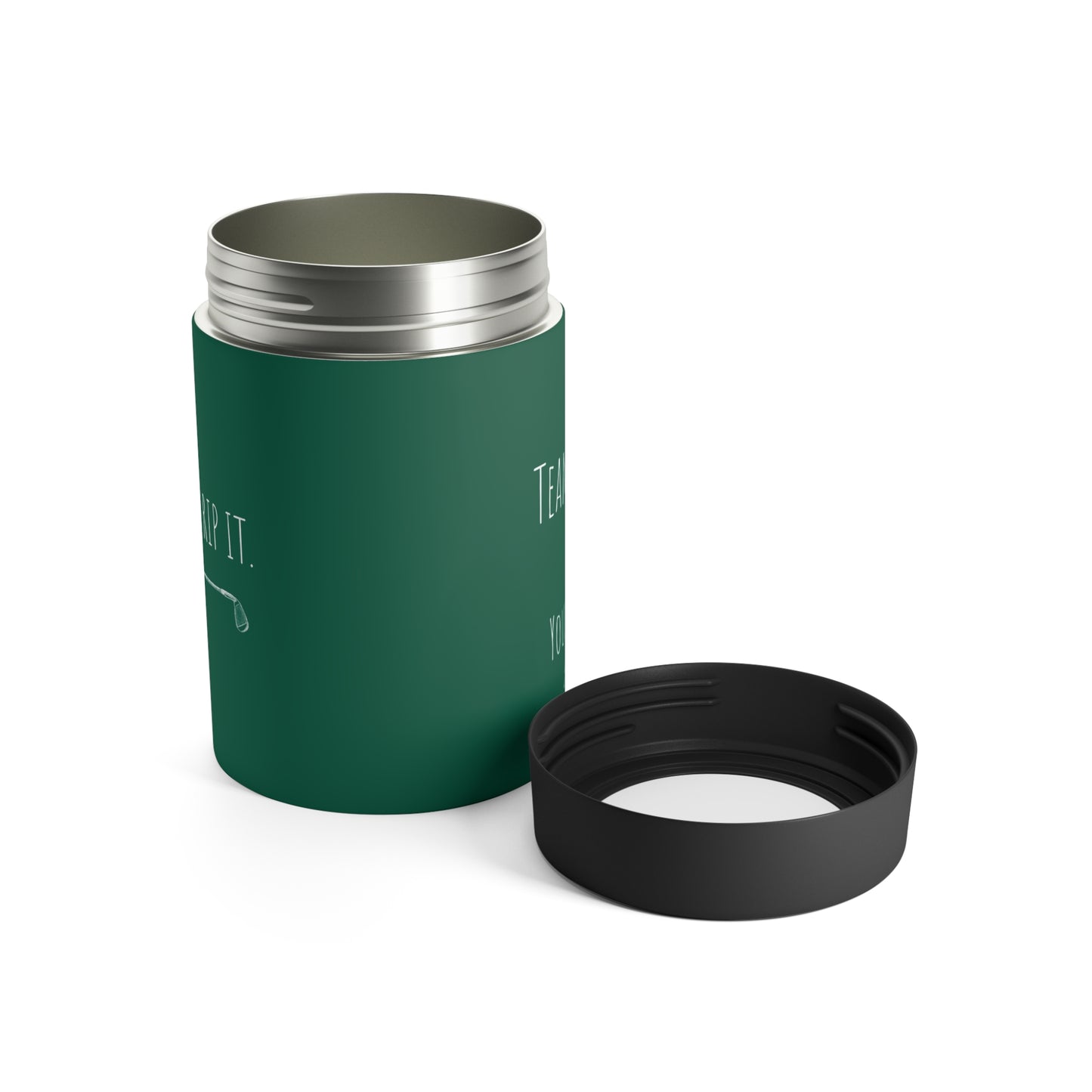 Green metal can holder featuring custom golf team names and funny player roles, perfect for golf enthusiasts and 4-some gifts. Ideal for tournaments, Father’s Day, and birthdays.