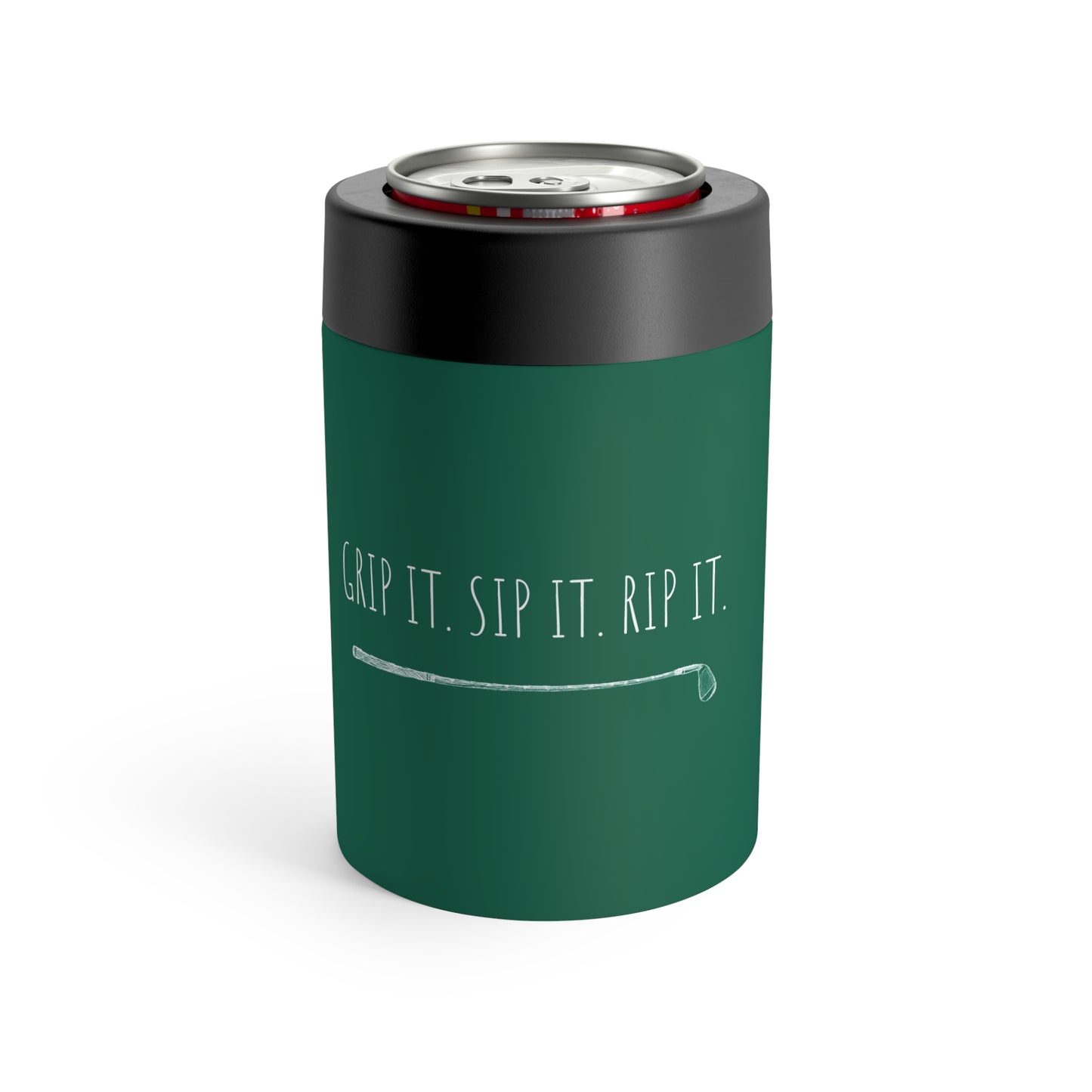 Green metal can holder featuring custom golf team names and funny player roles, perfect for golf enthusiasts and 4-some gifts. Ideal for tournaments, Father’s Day, and birthdays.