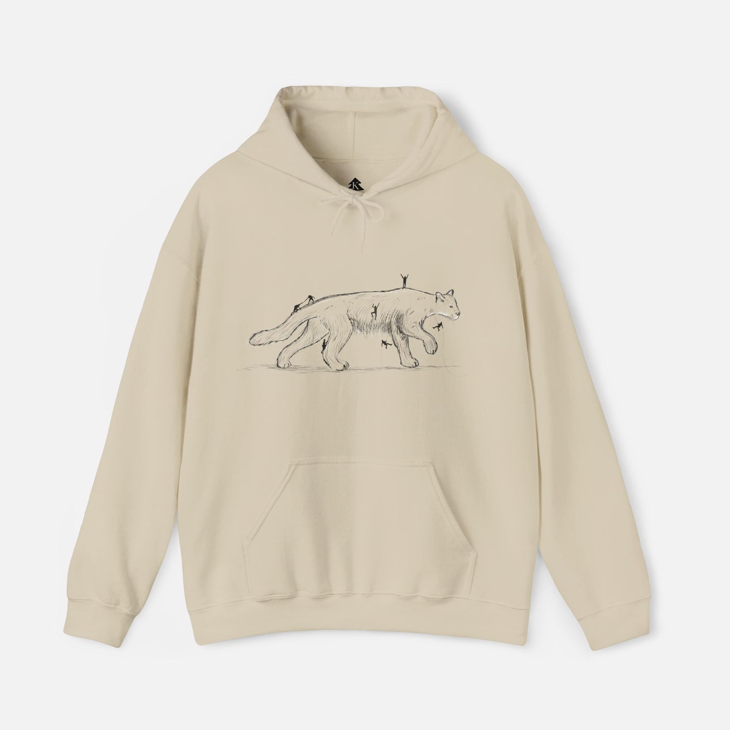 Sand color original artwork hoodie featuring climbers scaling a mountain lion, perfect for outdoor enthusiasts, mountain climbers, and edge hunters. Unique adventure apparel.