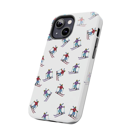 Stylish cell phone case featuring a playful pattern of illustrated skiers gliding down a mountain, creating a fun and outdoorsy vibe.