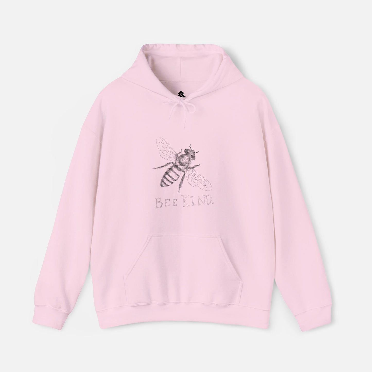 Pink Bee Kind hoodie with illustrated bee design on a white background, cute graphic sweatshirt for nature lovers and kindness gifts.