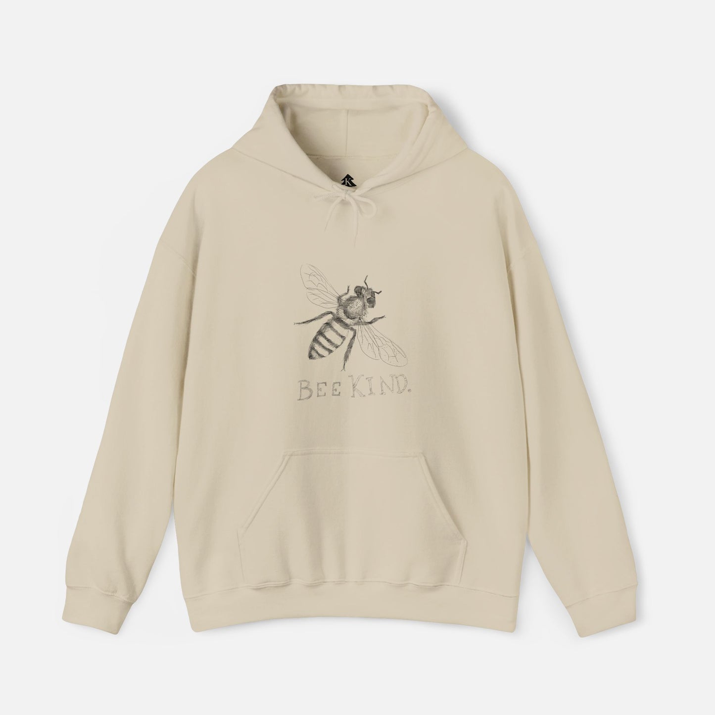 Tan Bee Kind hoodie with illustrated bee design on a white background, cute graphic sweatshirt for nature lovers and kindness gifts.