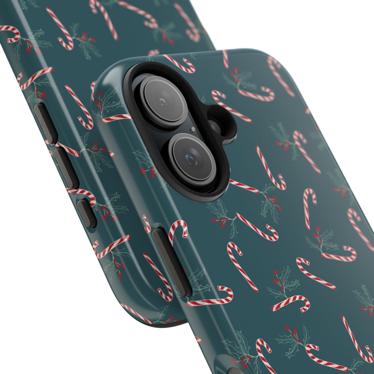 Close-up view of a Samsung and iPhone case featuring a candy cane and holly holiday pattern, highlighting the festive design and quality of the case.