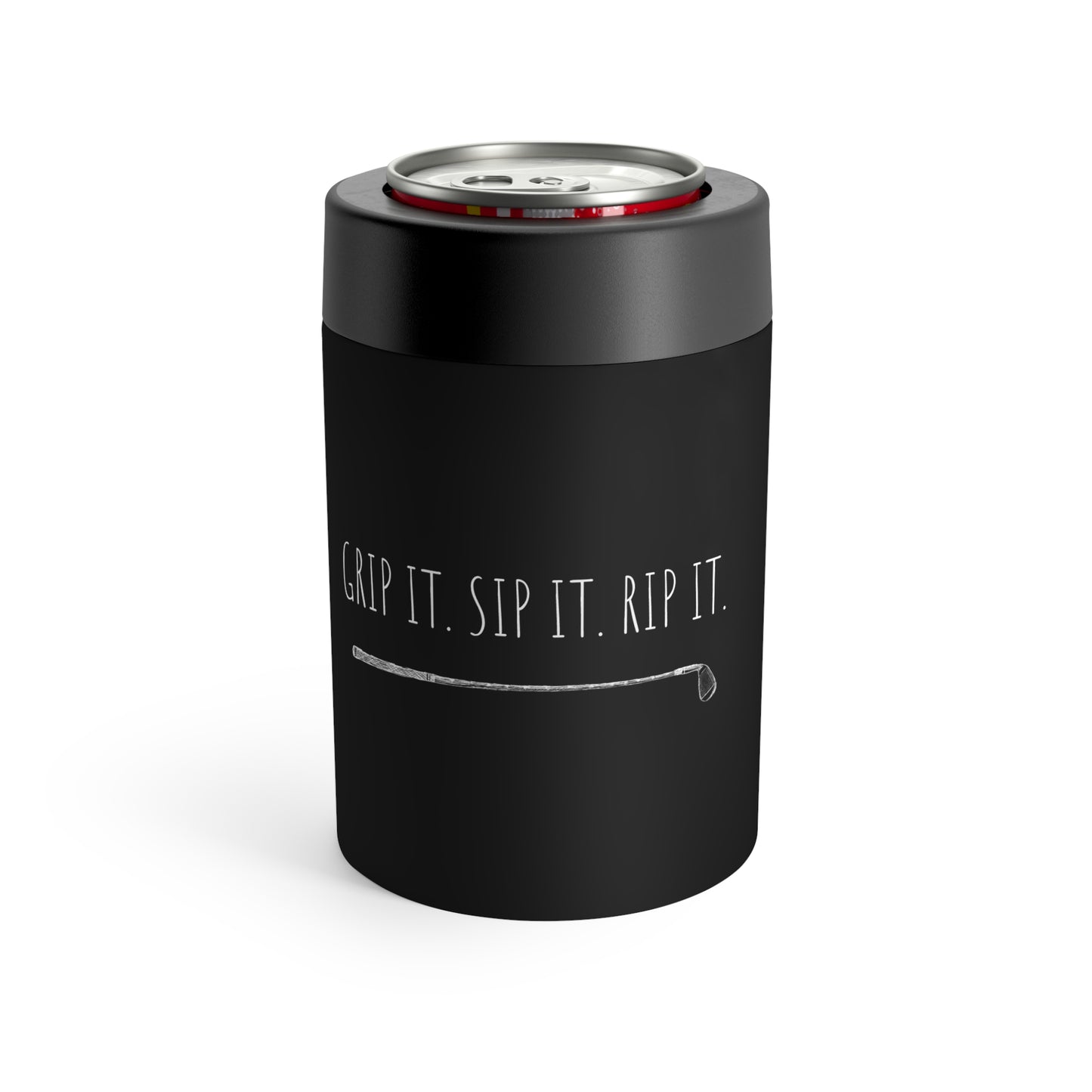 Black metal can holder featuring custom golf team names and funny player roles, perfect for golf enthusiasts and 4-some gifts. Ideal for tournaments, Father’s Day, and birthdays.