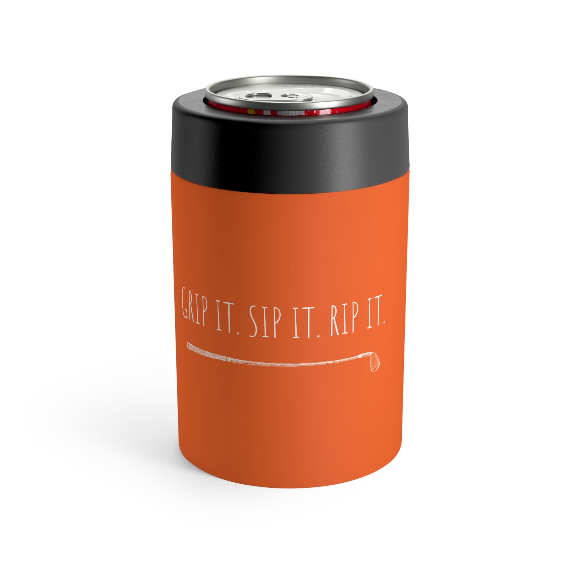 Orange metal can holder featuring custom golf team names and funny player roles, perfect for golf enthusiasts and 4-some gifts. Ideal for tournaments, Father’s Day, and birthdays.