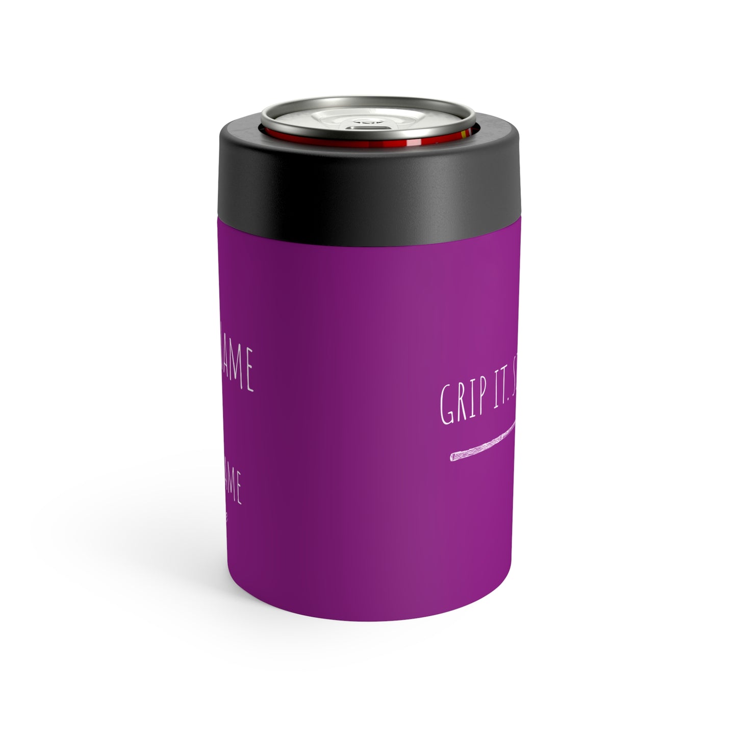 Purple metal can holder featuring custom golf team names and funny player roles, perfect for golf enthusiasts and 4-some gifts. Ideal for tournaments, Father’s Day, and birthdays.