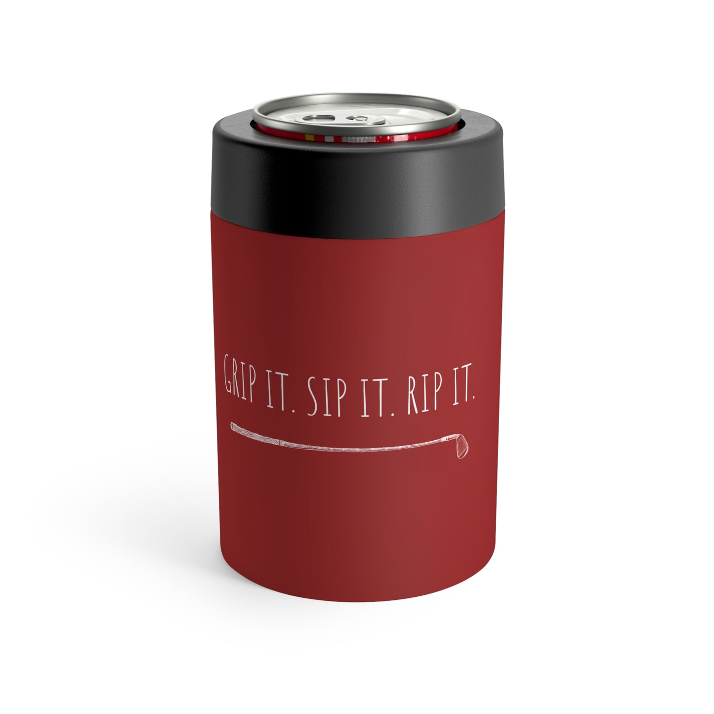 Red metal can holder featuring custom golf team names and funny player roles, perfect for golf enthusiasts and 4-some gifts. Ideal for tournaments, Father’s Day, and birthdays.