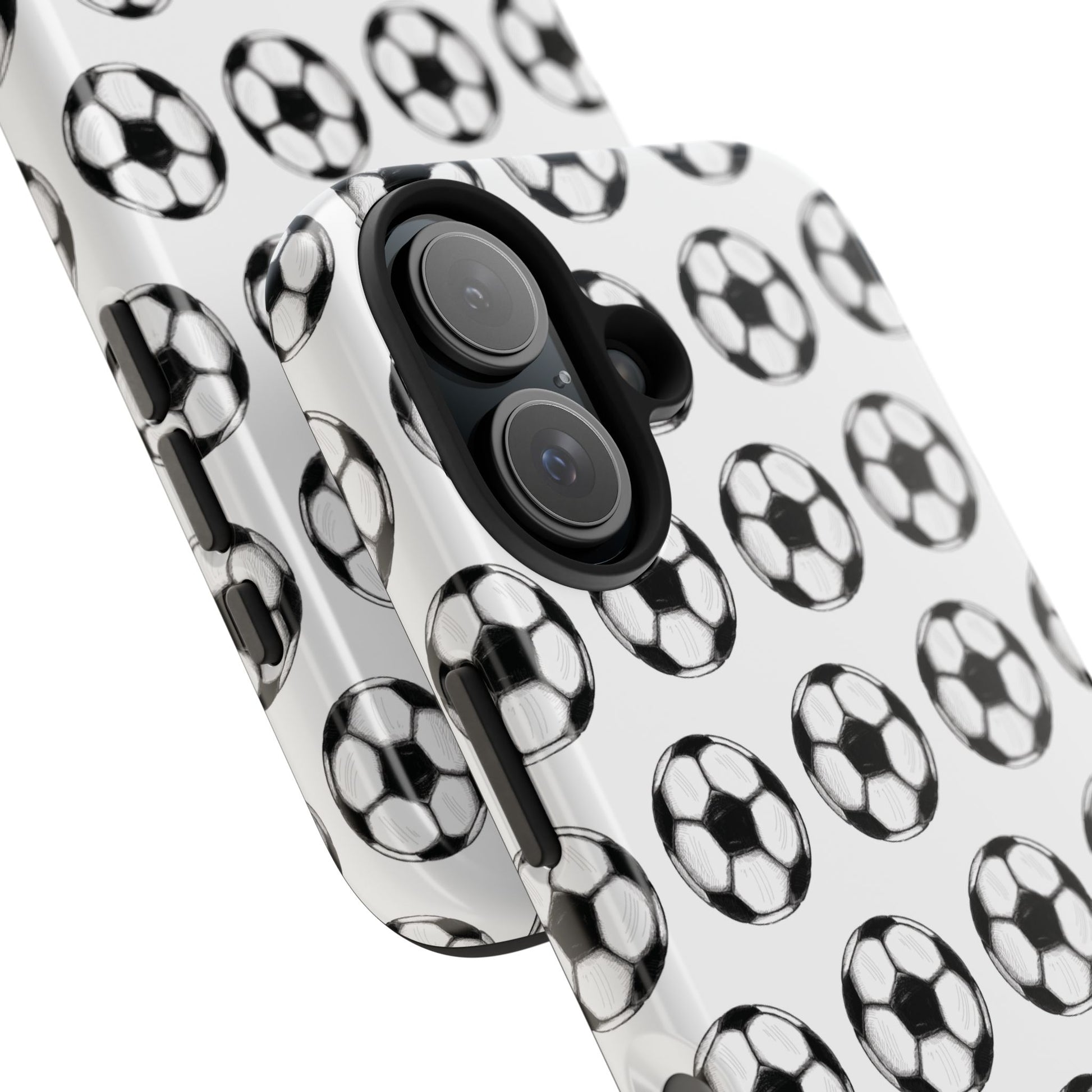 Close-up detail view of the camera cutout on a phone case with a soccer ball pattern, designed for iPhone and Samsung models, showcasing the precise fit and design.