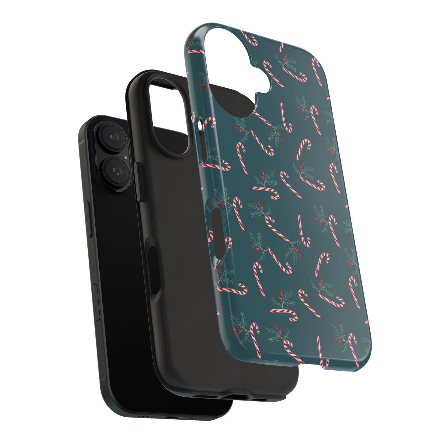 Expanded view showing the individual parts of a Samsung and iPhone case featuring a candy cane and holly holiday pattern, illustrating how the case fits together and showcasing its festive design.