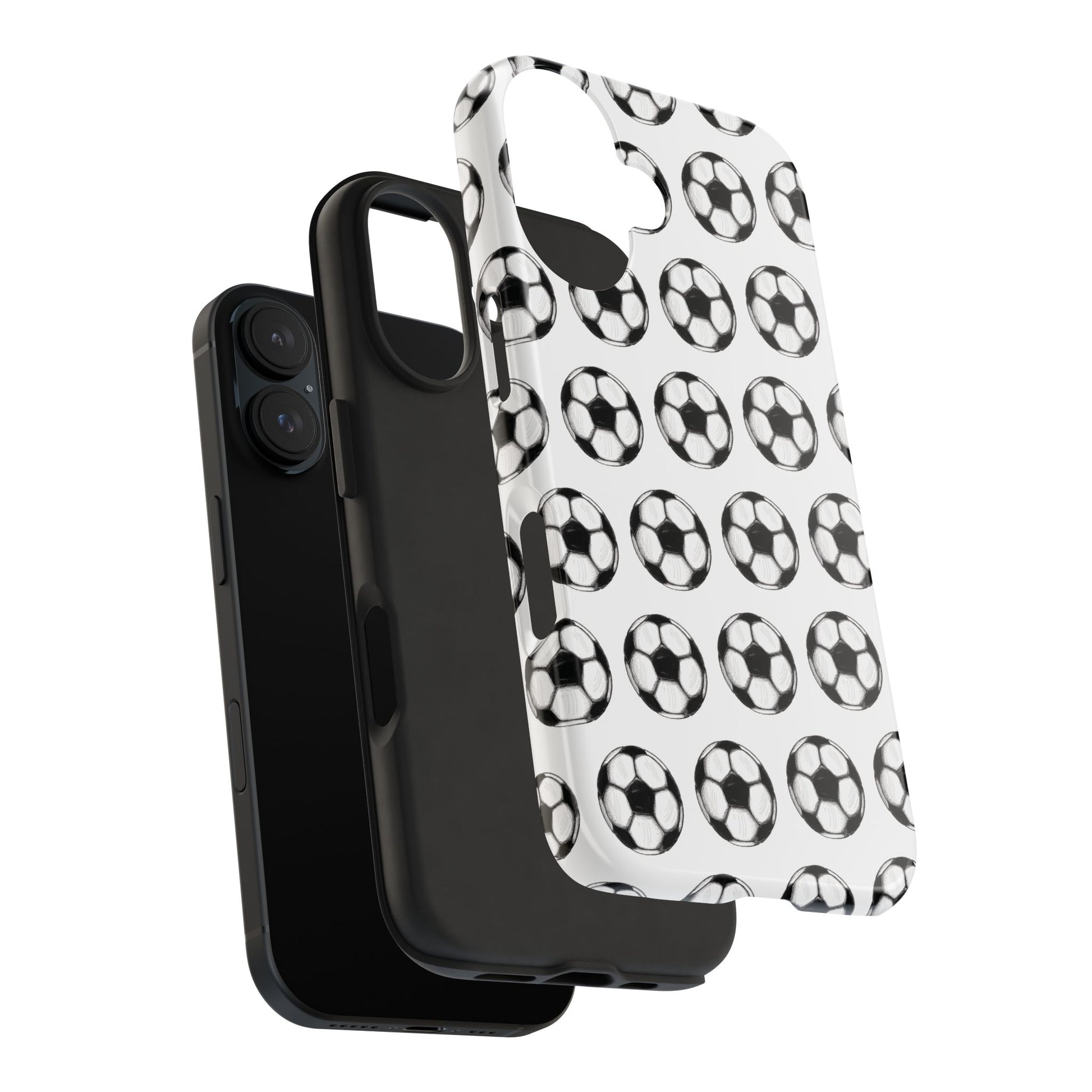 Exploded view of a phone case for iPhone and Samsung models, featuring a soccer ball pattern, highlighting the design and individual parts of the case.