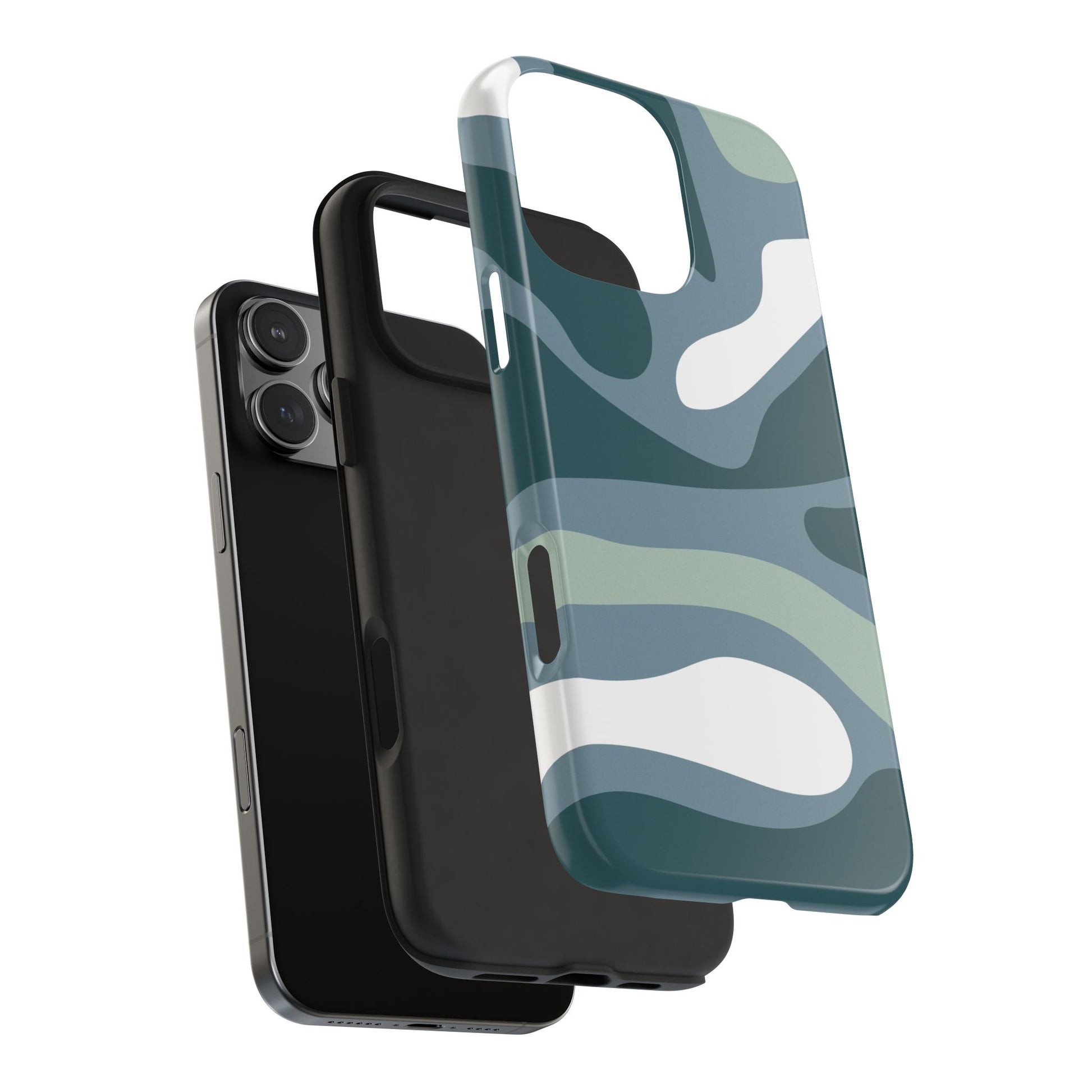 Exploded view of a phone case with a wavy earth tone pattern, showing its individual components and how it fits on iPhone and Samsung models, highlighting the unique design.