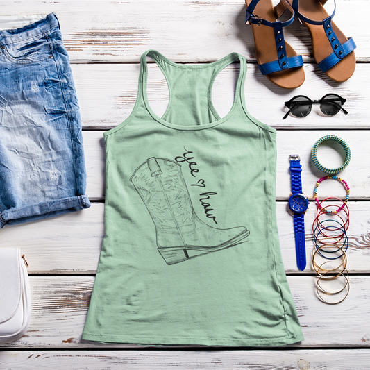 Racerback Tank with Cowgirl Boots and Yee Haw Text