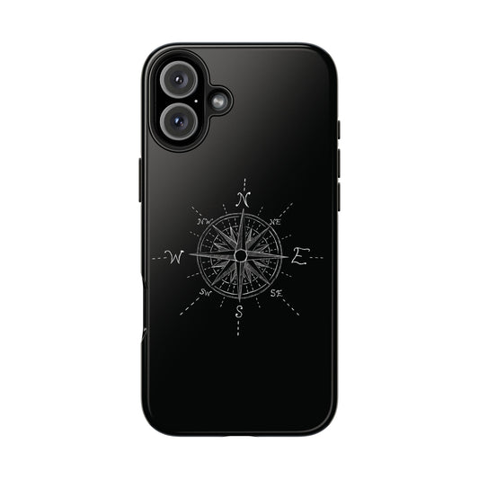 Front view of a phone case with a compass rose design on a black background, compatible with iPhone and Samsung models, offering a stylish and adventurous look.