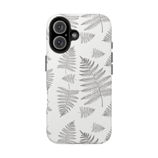 Front view of a phone case featuring a fern leaf pattern, designed for iPhone and Samsung models, showcasing a nature-inspired and elegant design.