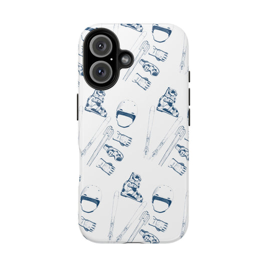 Front view of a phone case with a ski lovers pattern, featuring ski boots, helmet, skis, gloves, goggles, and ski poles creatively forming the word 'LOVE', designed for iPhone and Samsung models.