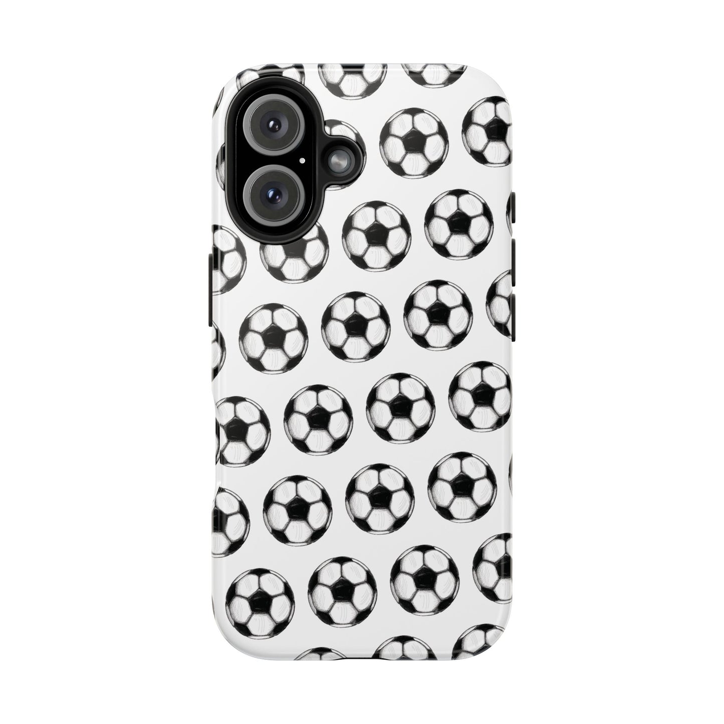 Front view of a phone case with a soccer ball pattern, designed for iPhone and Samsung models, highlighting the sporty design for soccer enthusiasts.