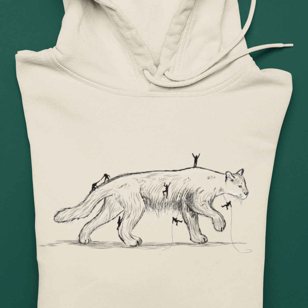 Original artwork hoodie featuring climbers scaling a mountain lion, perfect for outdoor enthusiasts, mountain climbers, and edge hunters. Unique adventure apparel.