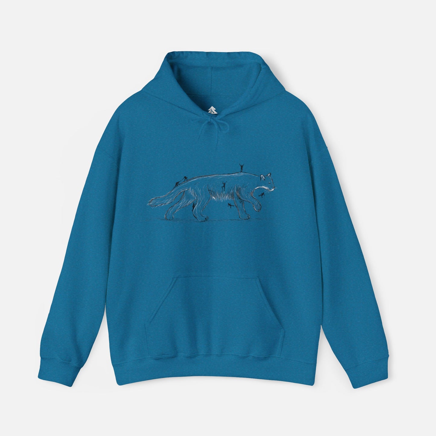 Blue color original artwork hoodie featuring climbers scaling a mountain lion, perfect for outdoor enthusiasts, mountain climbers, and edge hunters. Unique adventure apparel.