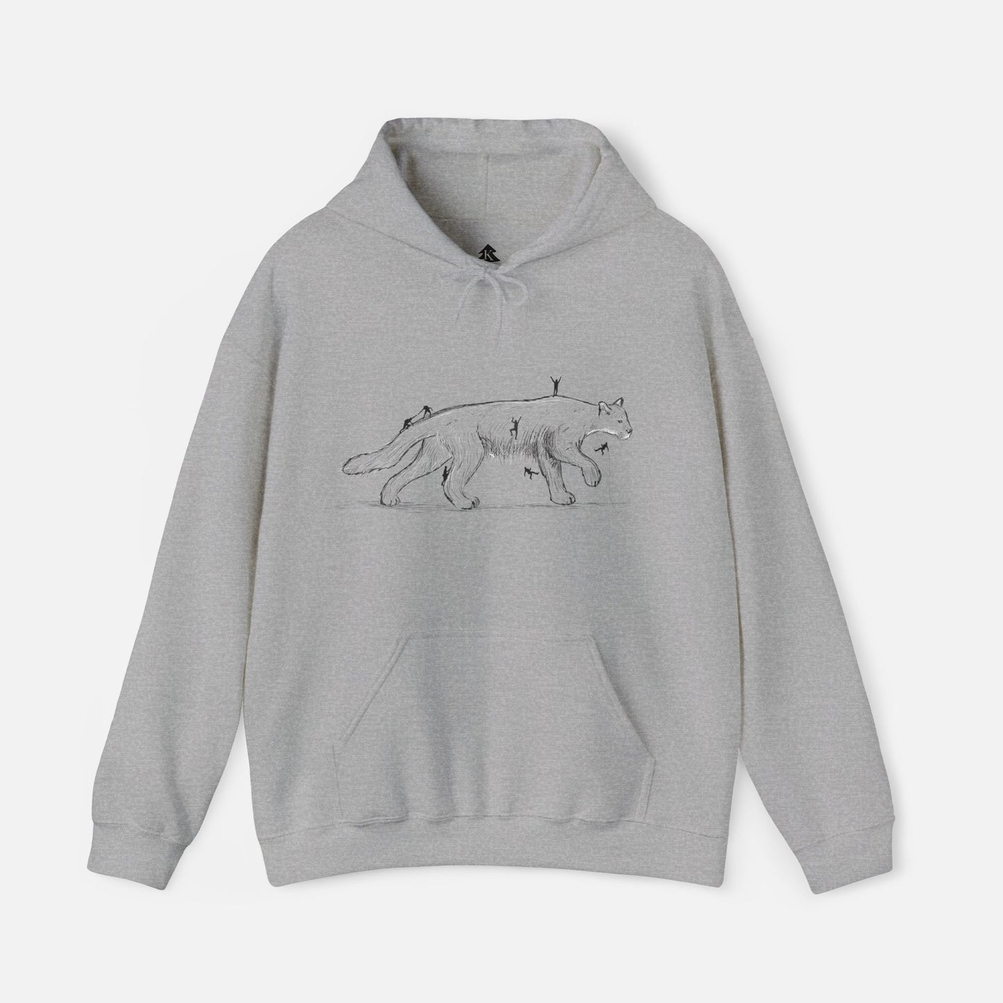 Gray color original artwork hoodie featuring climbers scaling a mountain lion, perfect for outdoor enthusiasts, mountain climbers, and edge hunters. Unique adventure apparel.