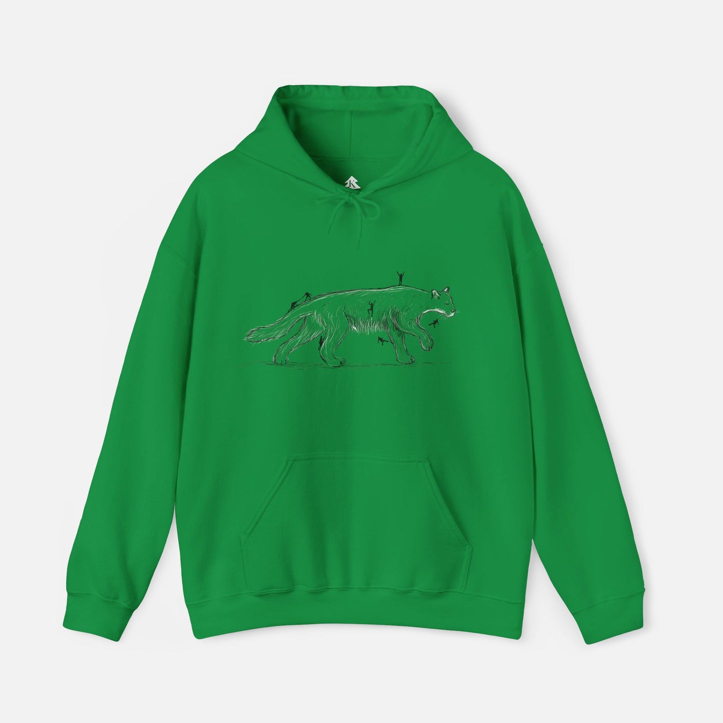 Green color original artwork hoodie featuring climbers scaling a mountain lion, perfect for outdoor enthusiasts, mountain climbers, and edge hunters. Unique adventure apparel.