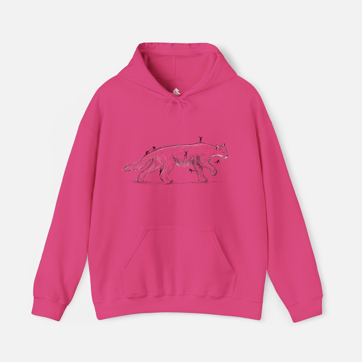 Pink color original artwork hoodie featuring climbers scaling a mountain lion, perfect for outdoor enthusiasts, mountain climbers, and edge hunters. Unique adventure apparel.