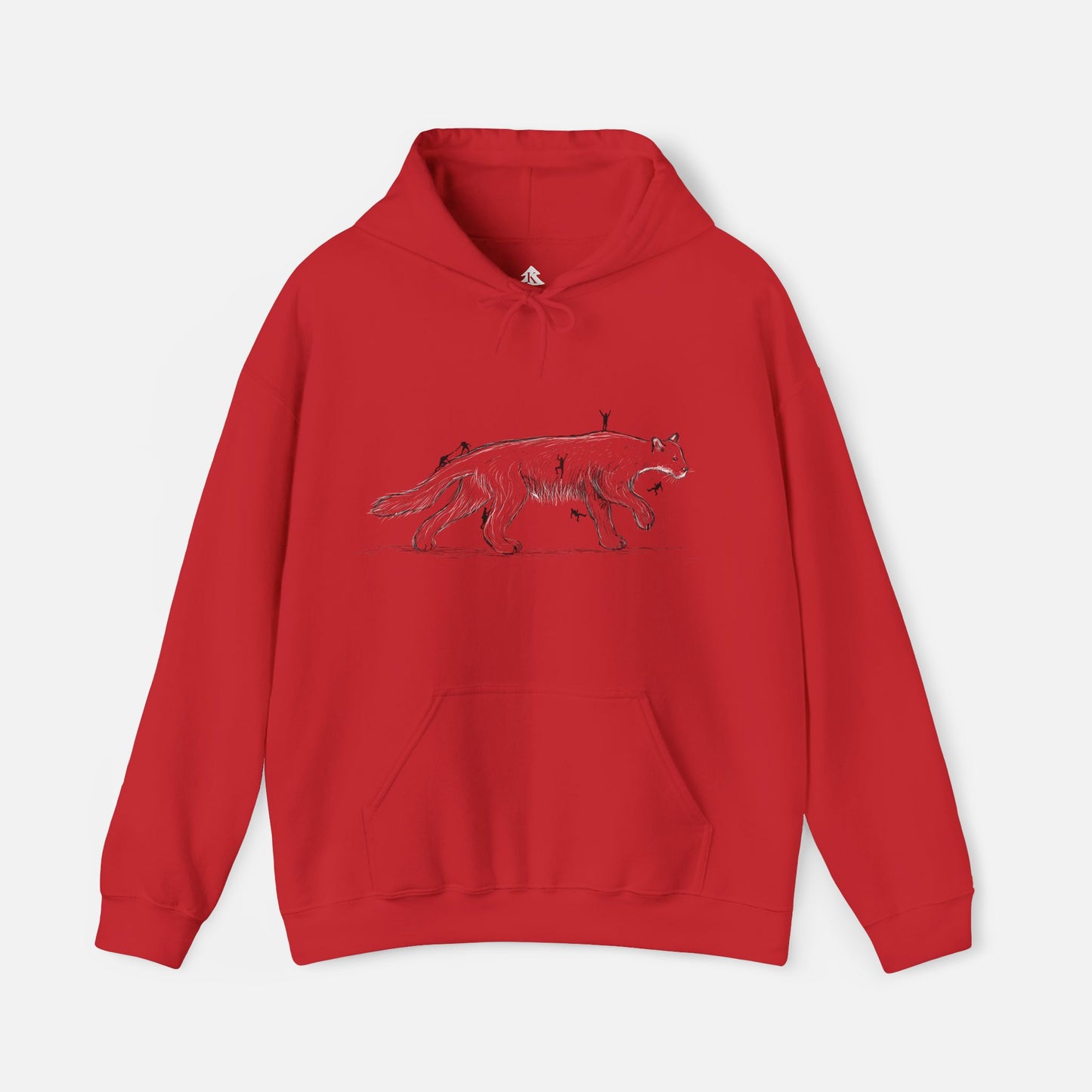 Red color original artwork hoodie featuring climbers scaling a mountain lion, perfect for outdoor enthusiasts, mountain climbers, and edge hunters. Unique adventure apparel.