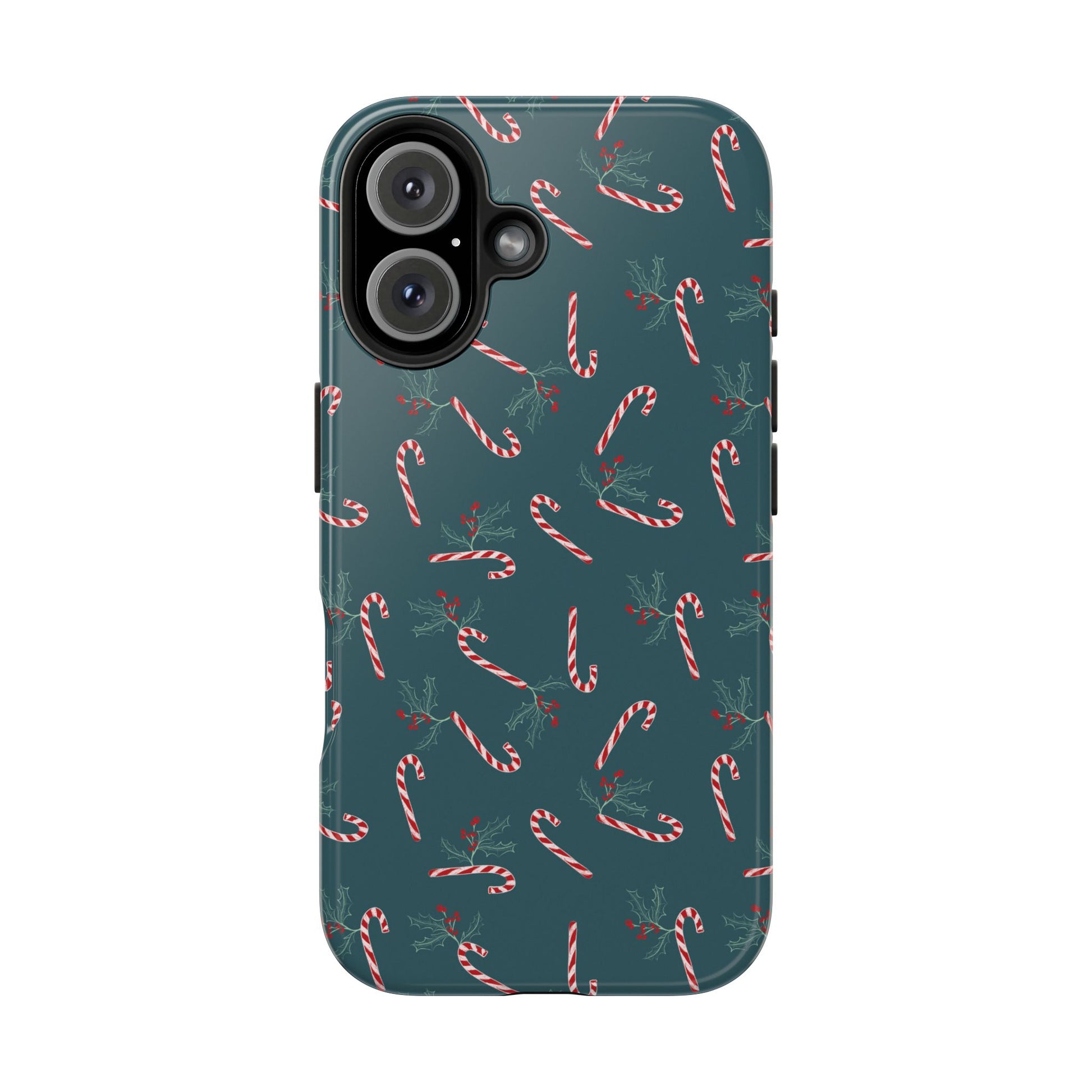 Samsung and iPhone case featuring a candy cane and holly holiday pattern, designed to add a festive touch to your phone during the holiday season.