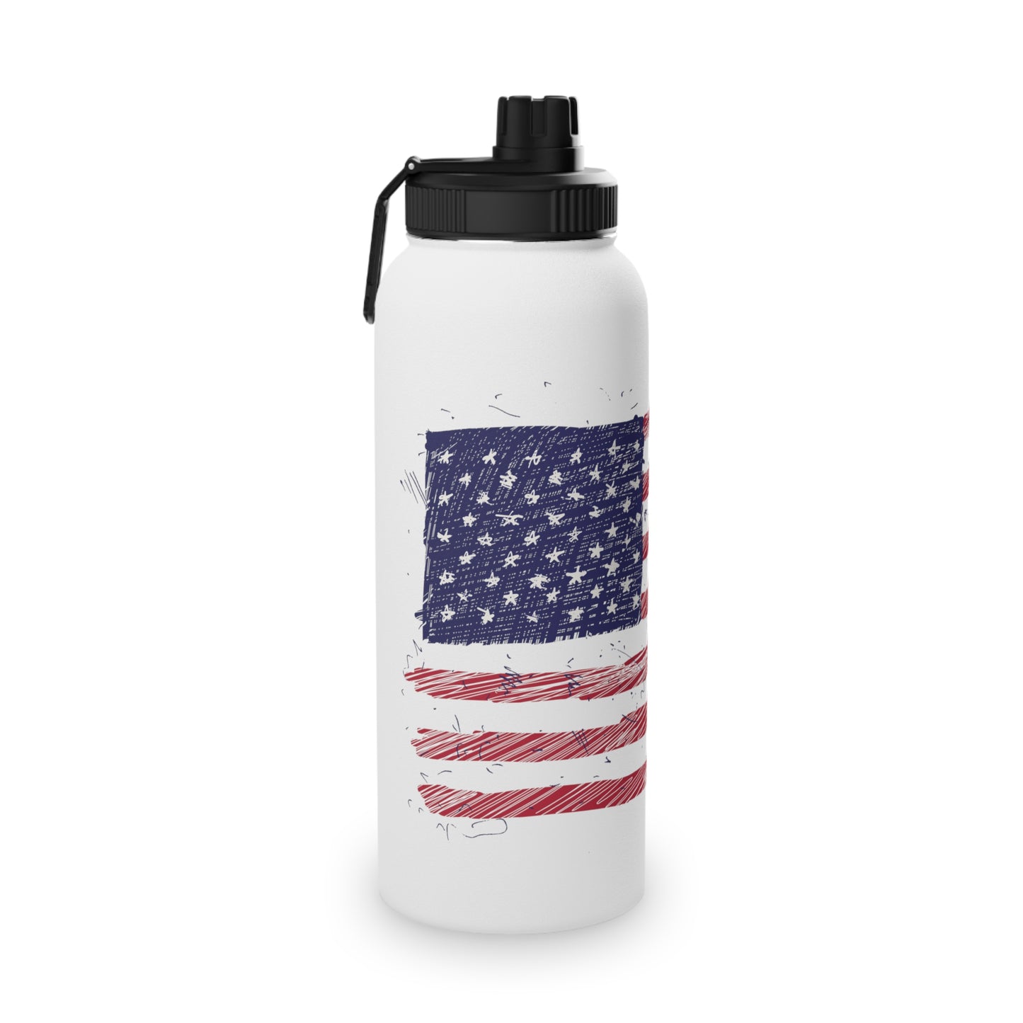 Front view of a 32 oz stainless steel water bottle featuring a unique illustrated American flag design, perfect for staying hydrated on the go.